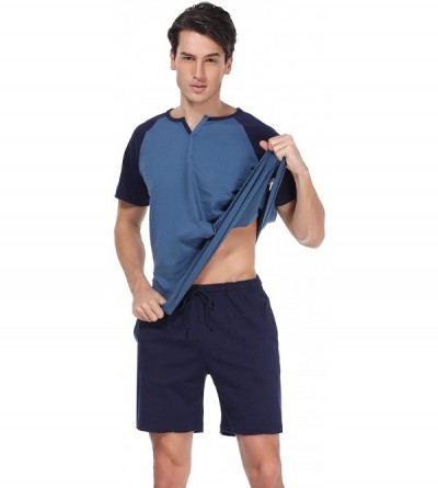 Sleep Sets Mens Pajamas Shorts Set Summer Sleepwear Cotton Short Sleeve Lounge PJ Set-S-XXL - A Gray Blue - C118QMRS750 $31.61