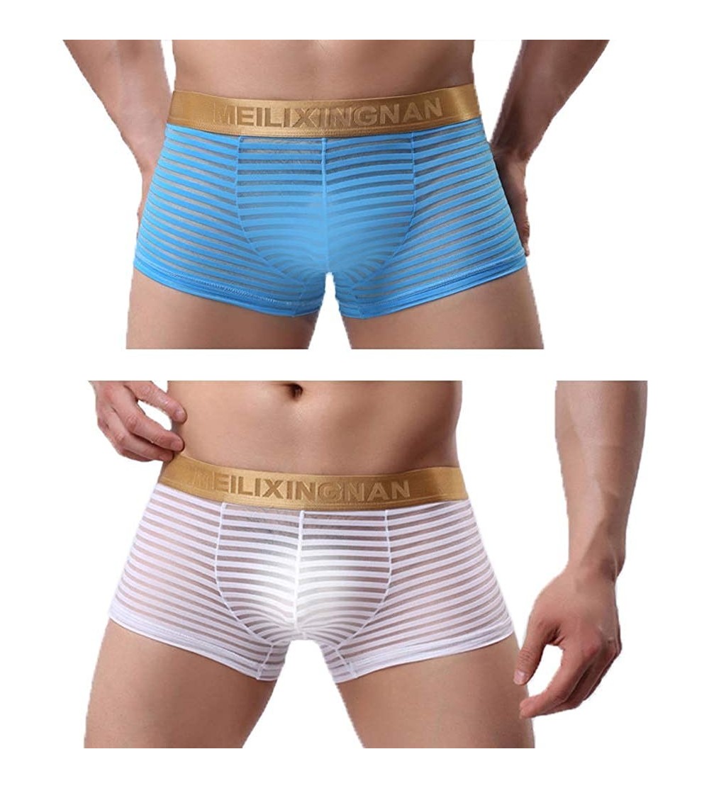 Boxer Briefs 2 Pack Men Boxer Briefs Shorts Soft Underpants See-through Transparent Sexy Underwear Trunk For Man - Blue-white...