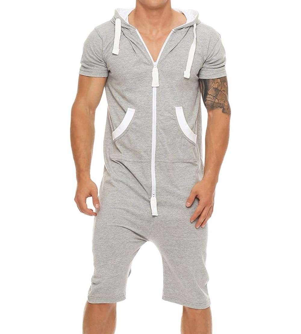 Sleep Sets Men's Fashion Hooded Pajamas Sportswear Jumpsuit Romper - Grey - CE18SR58ZIG $20.67