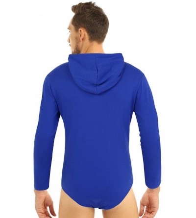 Undershirts Men Adults One-Piece Long Sleeves Press Crotch Hoodie Shirt Bodysuit Leotard Romper - Blue - C718Z0D5LXE $30.41