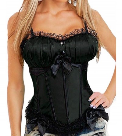 Bustiers & Corsets Women's Brocade Lace Overbust Strap Corset with Garter Lingerie - Black-1 - CE12MZGS4NM $22.65