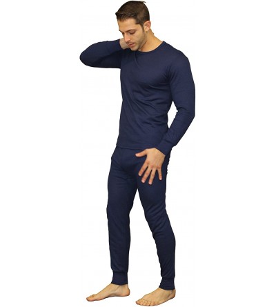 Thermal Underwear Men's Soft 100% Cotton Thermal Underwear Long Johns Sets -Fleece Lined - Navy - CW12035A7JB $23.01