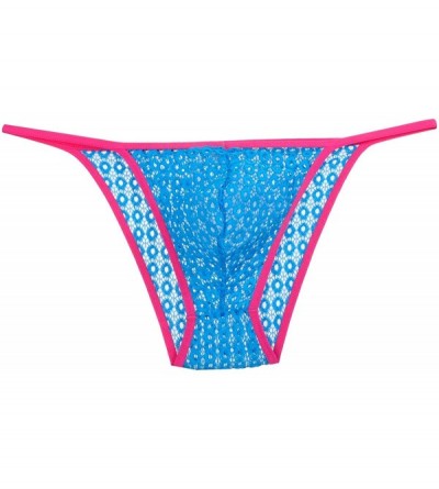 Bikinis Men's Hollow Bikini Briefs Lace Mini Brief Pouch Jacquard Male Underwear Rope Pants - Lake Blue - CI12LFXP6S3 $12.28