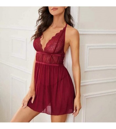 Accessories Nightdress Set Women Sexy Halter Backless V-Neck Lace Perspective Babydoll Lingerie with Thong - Wine - CX197D8AM...
