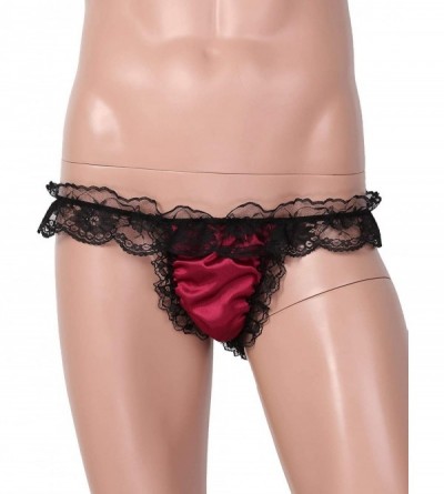 G-Strings & Thongs Mens Satin Lace Sissy Pouch Jockstraps Open Butt Bikini Briefs Thong Lingerie Underwear - Burgundy - C919E...