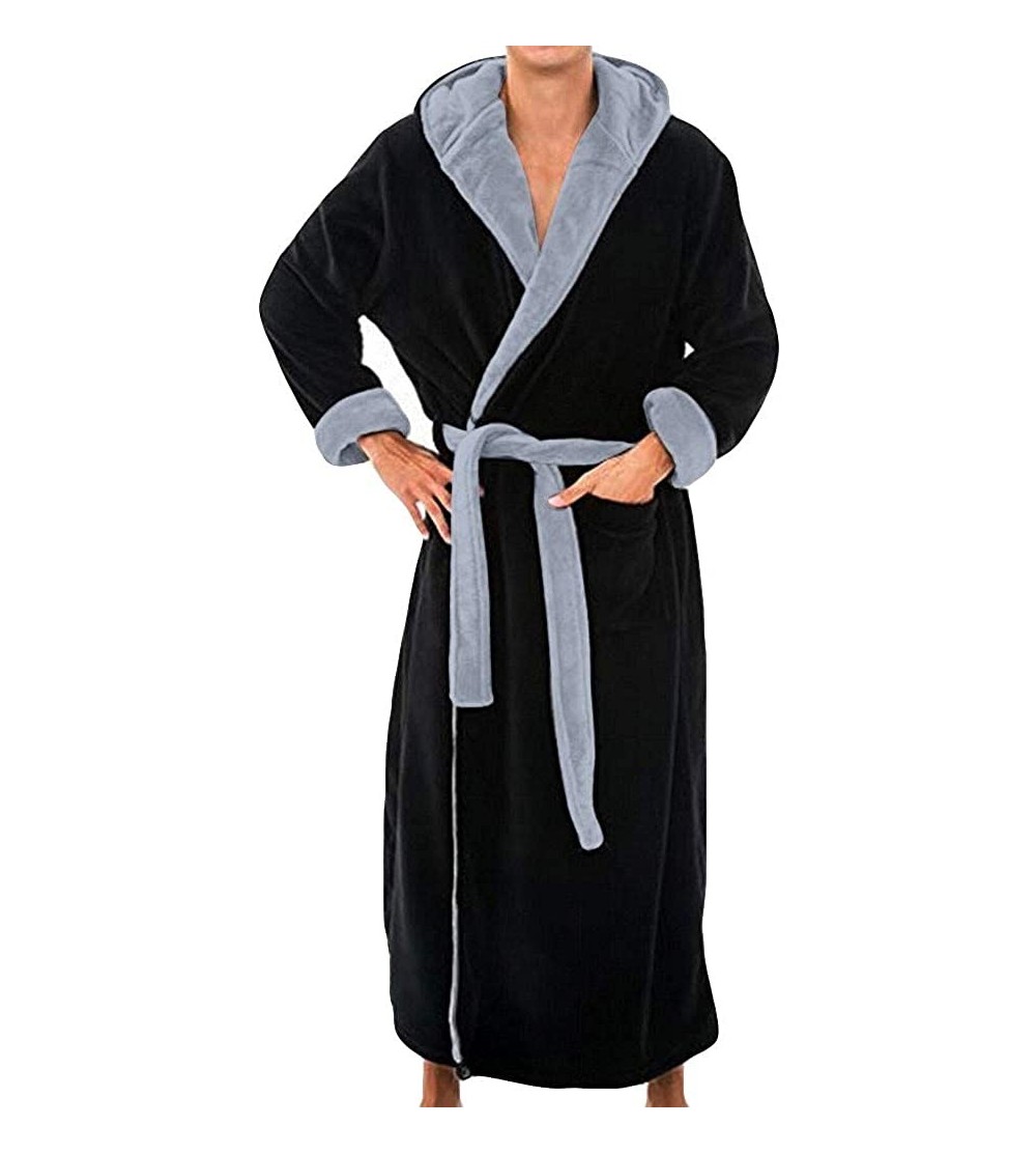 Robes Men's Bathrobes Autumn and Winter Large Size Bathrobe Fashion Long-Sleeved V-Neck Fluffy Pajamas - Black-a - CB192ZCNUY...