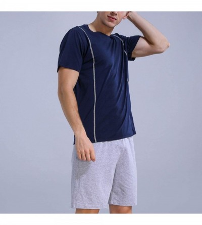 Sleep Sets Men's Short Sleeves Pajama Set 2 Pieces Underwear Tops Soft Cotton Pocket Loungewear - Blue - CD18TRYC0IU $35.04