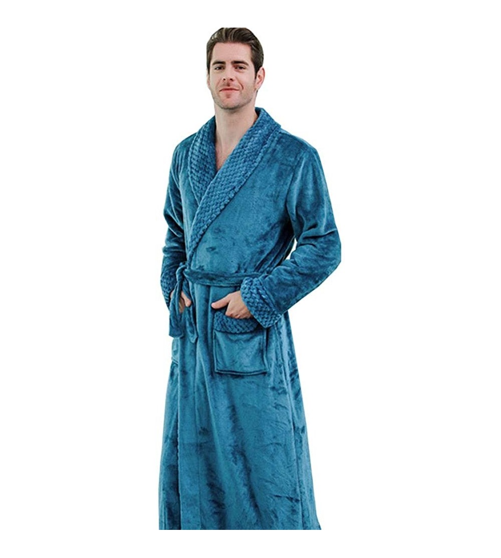 Robes Mens Bathrobe Long Shawl Collar Plush Robe - Blue-a - C118Z8YKASA $37.76