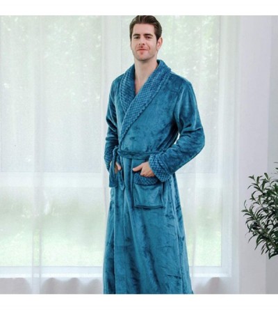 Robes Mens Bathrobe Long Shawl Collar Plush Robe - Blue-a - C118Z8YKASA $37.76