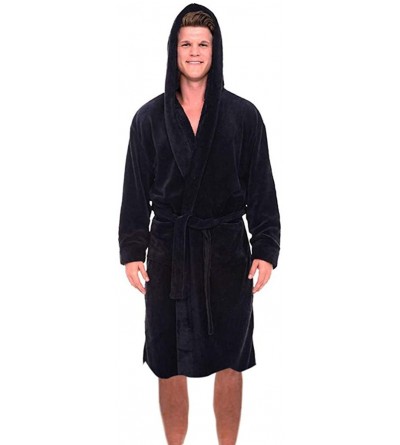 Briefs Men's Hooded Fleece Plush Soft Shu Velveteen Robe Full Length Long Bathrobe - Black - C7193M3NYQ4 $45.76