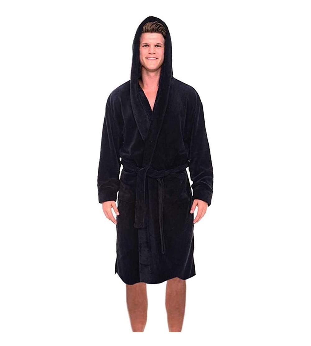 Briefs Men's Hooded Fleece Plush Soft Shu Velveteen Robe Full Length Long Bathrobe - Black - C7193M3NYQ4 $27.57