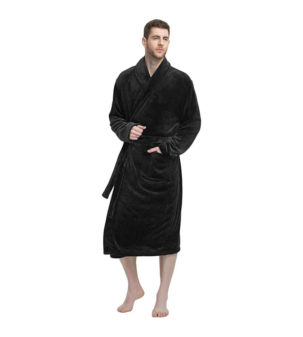 Robes Mens Fleece Robe Plush Collar Shawl Bathrobe - Black - CA18HTX57HE $19.52