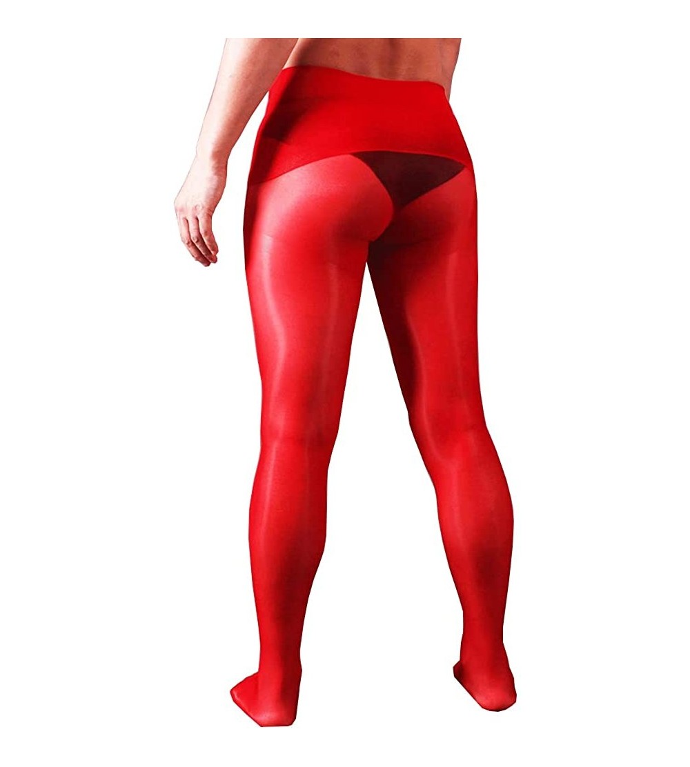 Boxer Briefs Men's 8D Oil Shiny Glossy Seamless Pantyhose with Sheath Stockings Tights - Red(sheath Closed&silicone Massage) ...