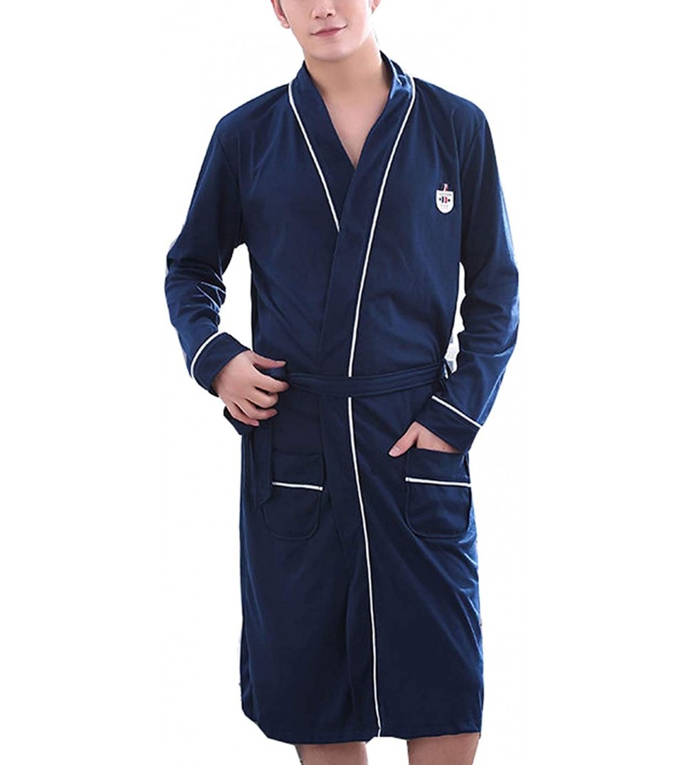 Robes Men Big and Tall Cotton Blend 3/4 Sleeve Lightweight Long Bathrobe Spa Robe Loose Fit Pajamas - 2 Cotton-a Navy Blue - ...