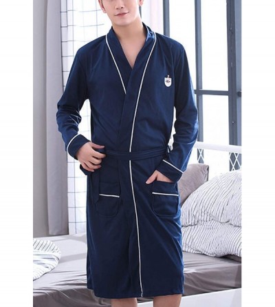 Robes Men Big and Tall Cotton Blend 3/4 Sleeve Lightweight Long Bathrobe Spa Robe Loose Fit Pajamas - 2 Cotton-a Navy Blue - ...
