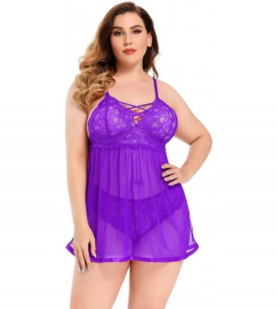 Baby Dolls & Chemises Women's Plus Size Lingerie Sets Sexy Open Back Babydoll Strappy Lace Chemise - Purple - C119E0DYI0W $36.54