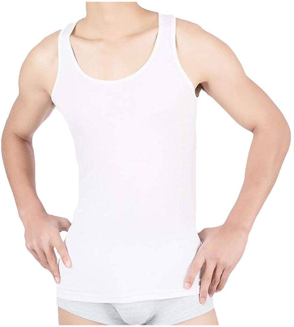 Undershirts Men Stretch Undershirt Solid Color Sleeveless Solid Slim Tank Tops Vest - White - CW19DNQL2GE $15.93