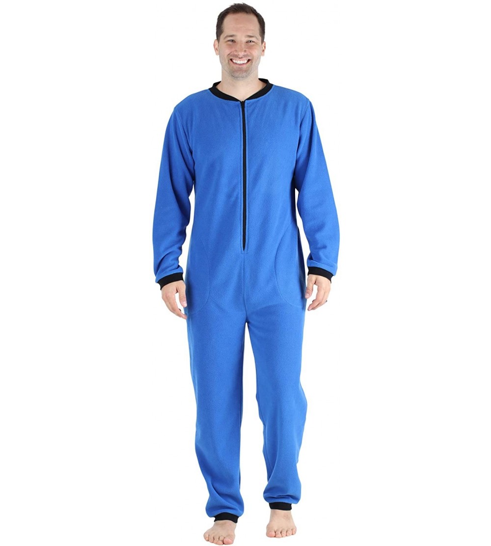 Sleep Sets Men's Fleece Non-Footed Solid Color Onesie Pajamas Jumpsuit - Blue W/ Black Zipper - CB17YYMOD8C $31.26