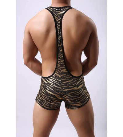 Boxers Sexy Men's Leopard Print Jumpsuit Boxer Shorts Underwear Bodysuit Underpants - Gold - CL125MZMDT5 $14.01