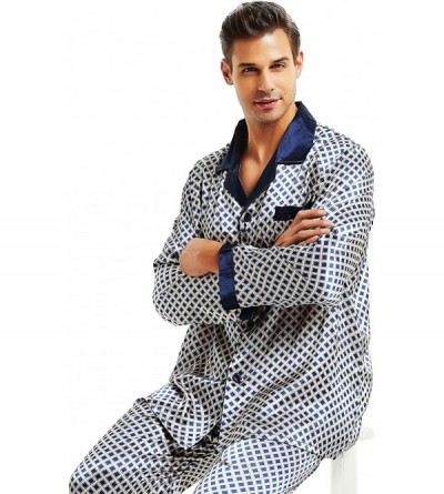 Sleep Sets Mens Satin Pajamas Set Sleepwear Loungewear S~3XL Plus - Blue Dot - CU18HCRWC24 $29.15