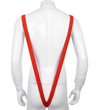 G-Strings & Thongs Mens Sexy Mankini Swimsuit Stretch V Sling Suspender Bodysuit Strap Thongs with Bowtie and Cuffs - Red - C...