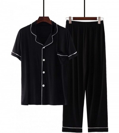 Sleep Sets Men's Pajamas Set Summer Lightweight Short Sleeve Button Down Tops with Pants Home Wear Set Black - C519CQHAEE0 $2...