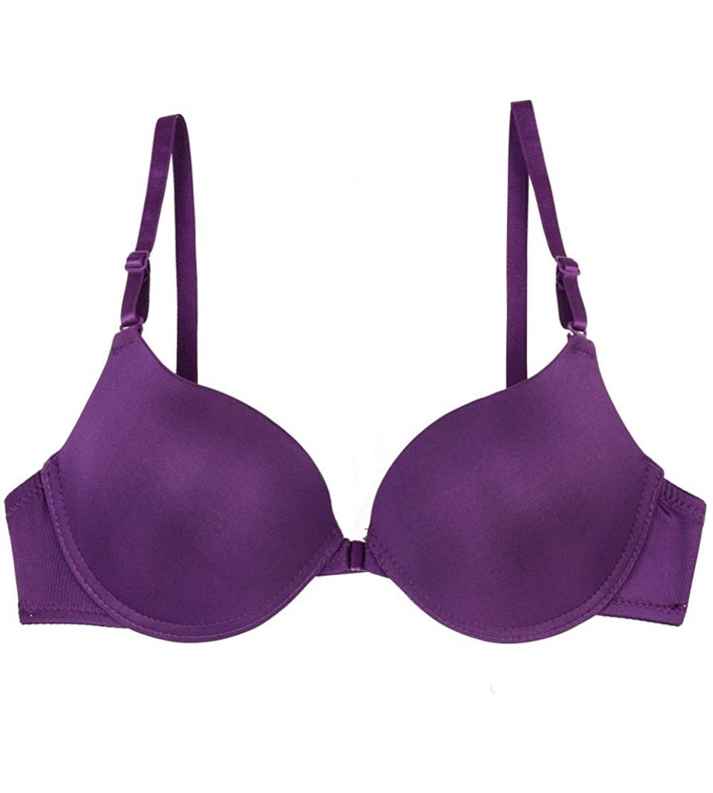 Bras Women's Solid Front Closure Bra Underwired Push-up Smooth Racerback T-Shirt Bra - Purple - CB18NG7HXIH $13.09