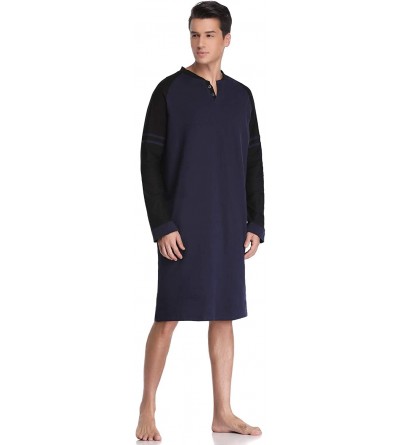 Sleep Tops Mens Nightshirt Cotton Nightwear Comfy Long Sleeve Henley Sleepwear - Navy - CD18IOL8OS2 $29.50