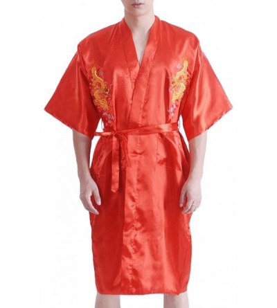 Robes Long Sleeve Silk Satin Embroider Kimono Robe Gown Dragon - Red - CZ18GTN529C $27.30
