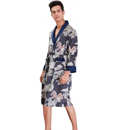 Robes Mens Satin Robes Shawl Collar Kimono Bathrobe Sleepwear Nightwear Pajamas - Navy Blue - CK197YNMLRX $40.94