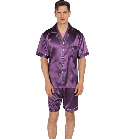Sleep Sets Mens Satin Pajamas Set Short Sleeve and Shorts Classic Sleepwear Loungewear - Purple - C918TZ87KXD $46.68