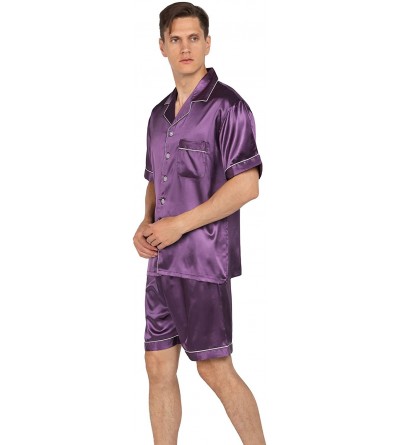 Sleep Sets Mens Satin Pajamas Set Short Sleeve and Shorts Classic Sleepwear Loungewear - Purple - C918TZ87KXD $18.46