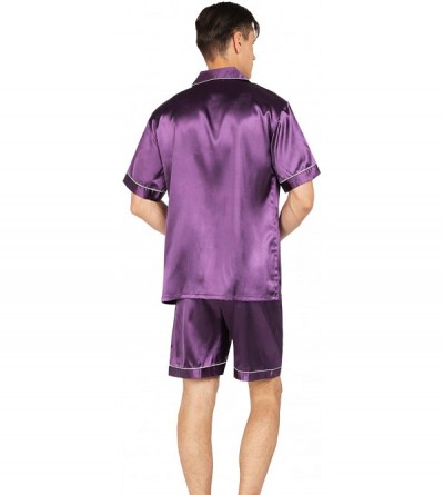 Sleep Sets Mens Satin Pajamas Set Short Sleeve and Shorts Classic Sleepwear Loungewear - Purple - C918TZ87KXD $18.46