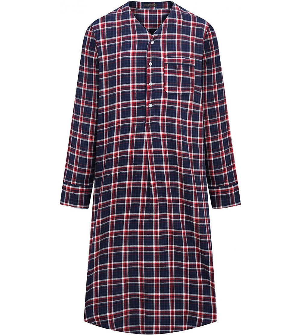 Sleep Tops Mens Nightshirt - 100% Cotton Flannel Mens Nightshirts for Sleeping - Navy-red Plaid - CX190L8DCNT $40.63