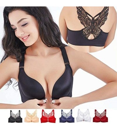 Bras Butterfly Embroidery Front Closure Wireless Shaping Bra for Women Gather Push Up - Blue - CX19CSUHWIT $15.05