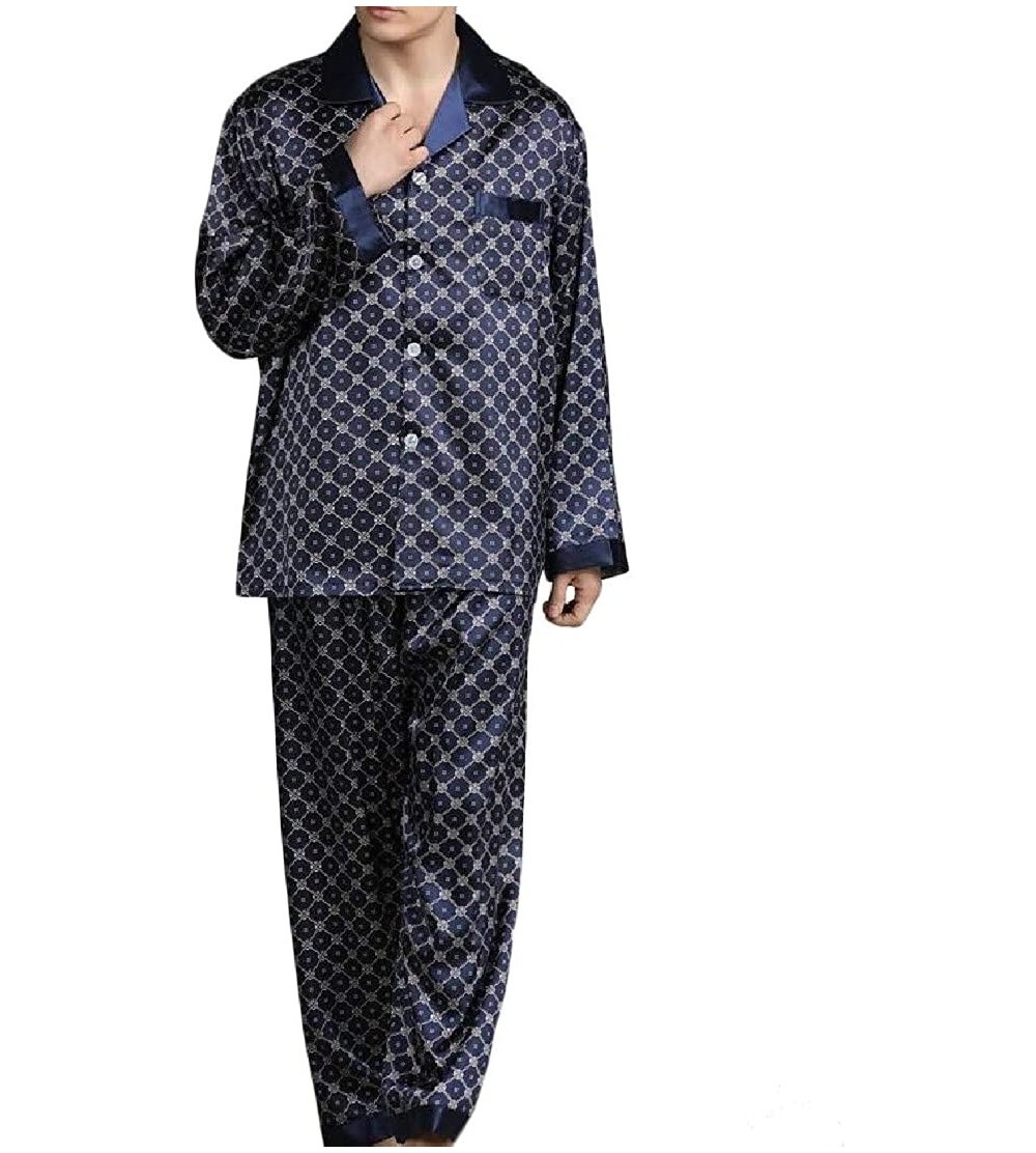 Sleep Sets Men's Print Relaxed Fit Homewear Long Sleeve Lounge Silk Pajama Set - Sapphire Blue - C618T4ZMC5O $34.25