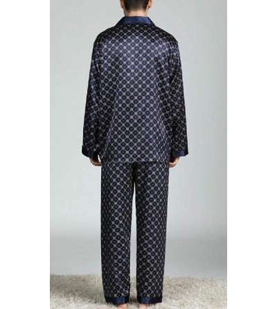 Sleep Sets Men's Print Relaxed Fit Homewear Long Sleeve Lounge Silk Pajama Set - Sapphire Blue - C618T4ZMC5O $34.25
