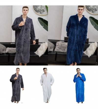 Robes Mens Flannel Fleece Robe Zip Front Spa Bathrobe Plush Housecoat Full Length Long Sleeve Sleepwear - White - C9193K3XOZH...