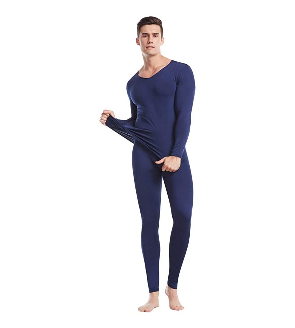 Sleep Sets 2pcs Men Winter O-Neck Thermal Suit Keep Warm Sleepwear Tops+Pants Underwear Set - Navy - C5194DQGMM5 $22.53