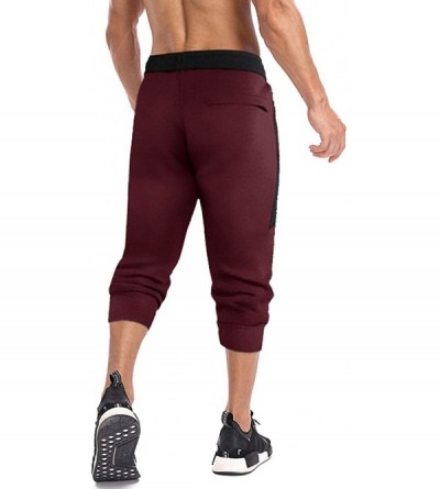 Sleep Bottoms Men's 3/4 Jogger Capri Pants Workout Gym Below Knee Shorts Zipper Pockets - Burgundy 2 - C518RA239XS $22.53