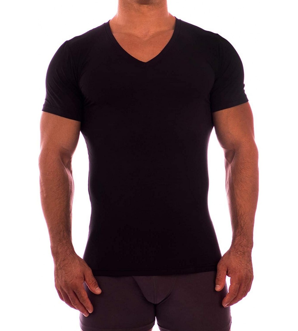 Undershirts Essence Deep V Neck Short Sleeve Undershirt - Black - C61265QGVST $33.94