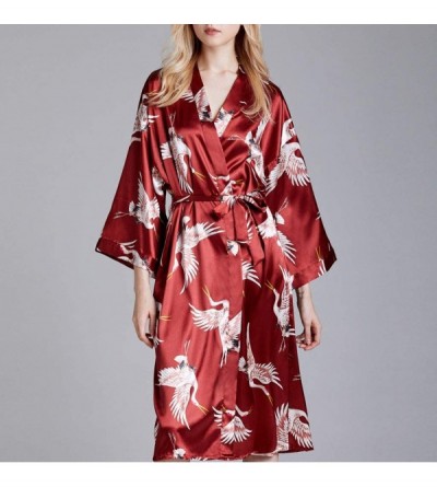 Baby Dolls & Chemises Silk Pajamas for Women Sexy Long Sleeve Printed Nightwear Satin Pajamas Sleepwear - Red - C5197M7CSD2 $...