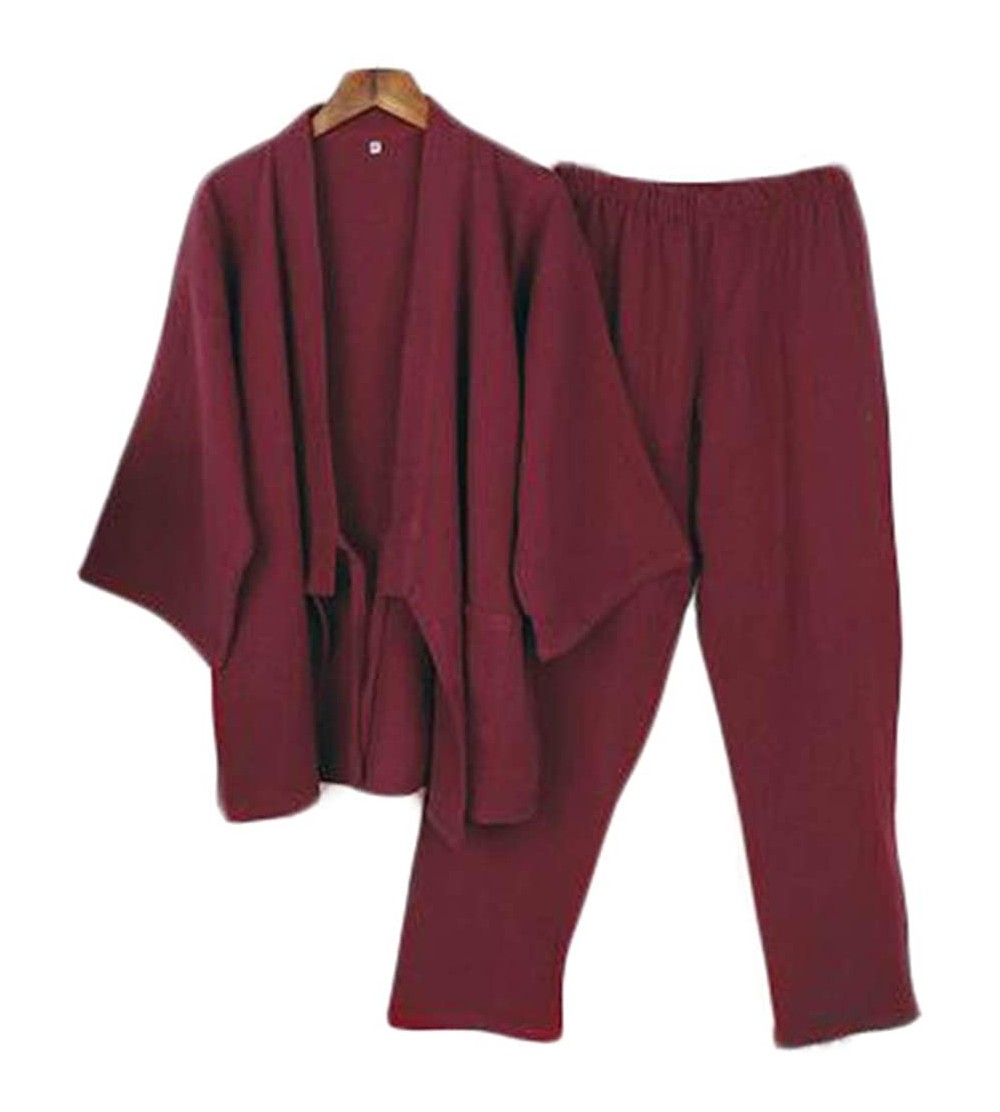 Robes Japanese Style Two-Piece Suit Men Thin Cotton Bathrobe Pajamas Kimono Bathrobes Sleepwear-F14 Wine Red - CQ18UWO4YA2 $3...
