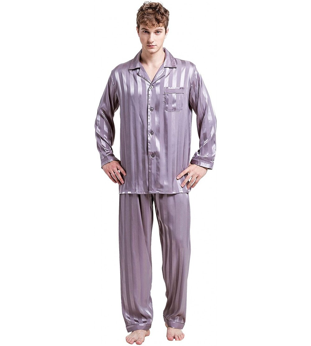 Sleep Sets Mens Satin Pajamas- Long Sleeve Button-Down Pj Set - Grey - CU184K47KOM $28.40