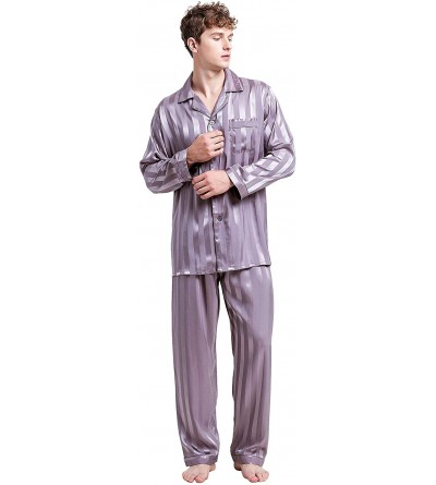 Sleep Sets Mens Satin Pajamas- Long Sleeve Button-Down Pj Set - Grey - CU184K47KOM $28.40