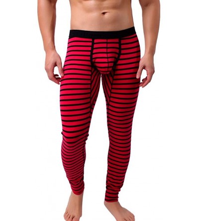 Thermal Underwear Men's Leggings Underwear- Sexy Low Rise Striped Breathable Patchwork Leggings Long Sleepwear Pants - Red - ...
