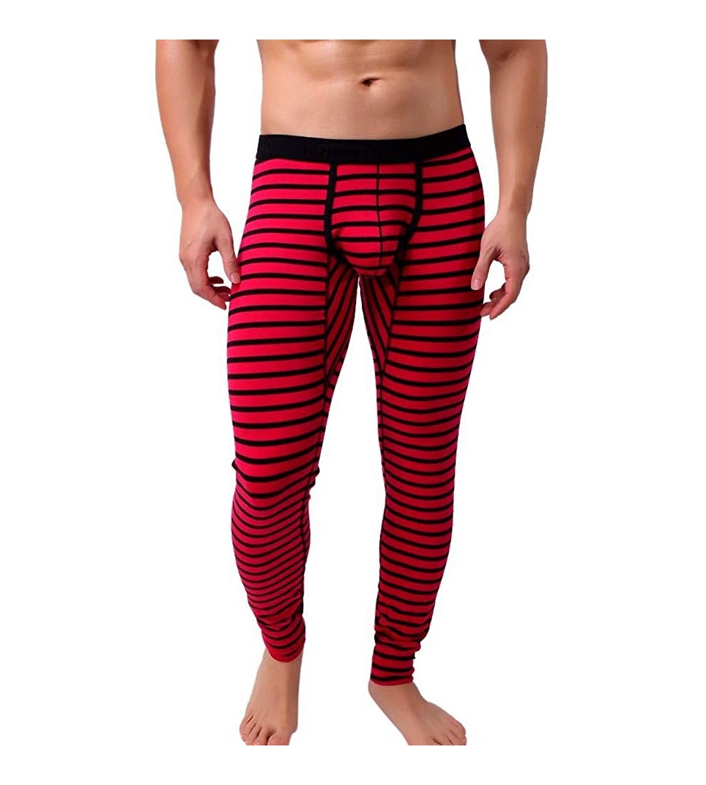 Thermal Underwear Men's Leggings Underwear- Sexy Low Rise Striped Breathable Patchwork Leggings Long Sleepwear Pants - Red - ...