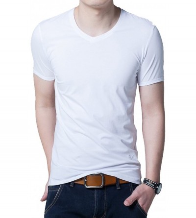 Undershirts Men's Plain Candy Colors V Neck Undershirts Stretch Jersey T-Shirt Cotton Tee - White - CG18M3O4XC2 $24.81