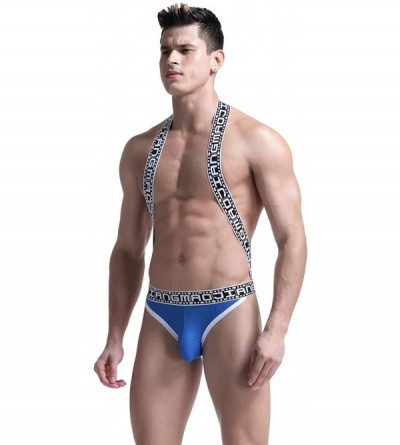 Boxer Briefs Men's Sexy Lingerie Bodysuit Boxer Briefs Suspenders Singlet Underwear - 1705-blue - CL18M22KRTM $15.27