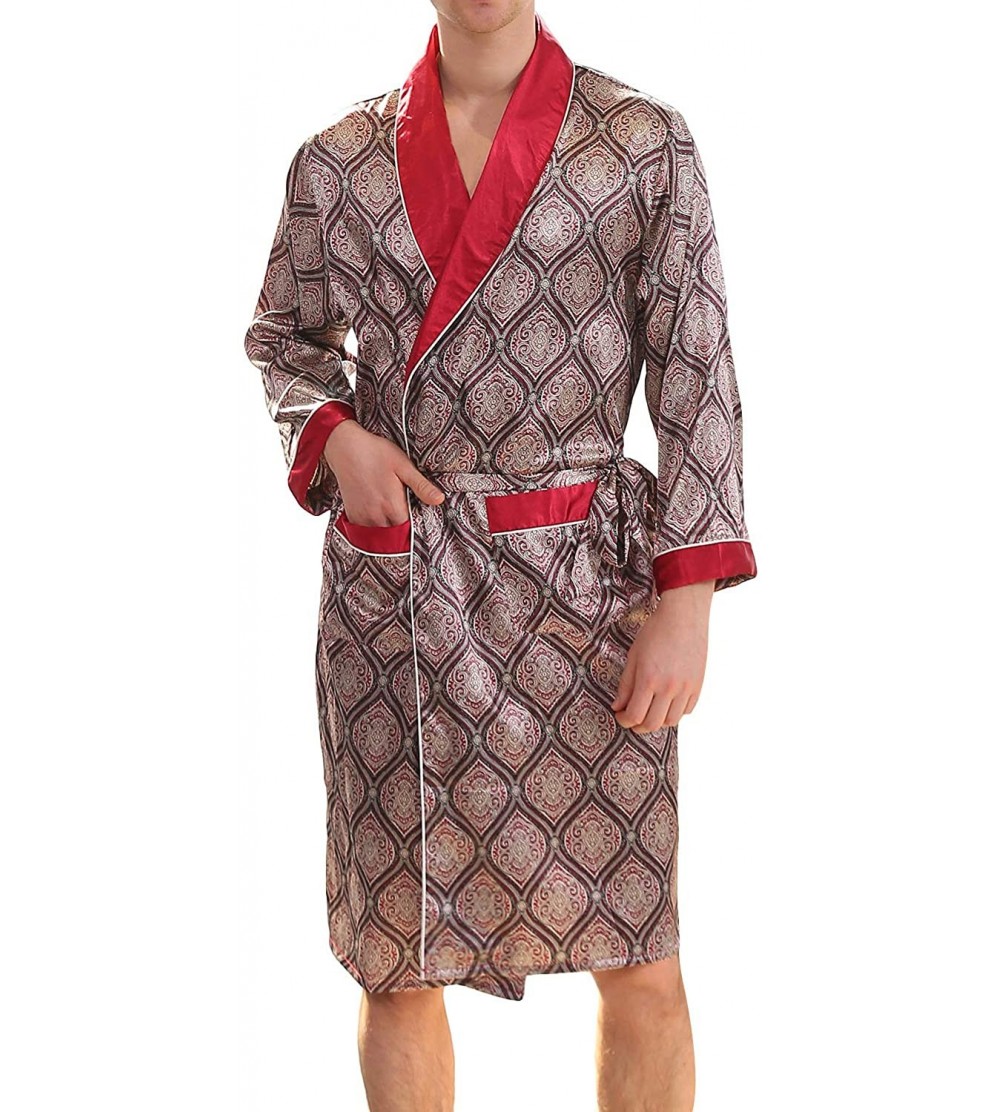 Robes Men's Luxurious Kimono Robe with Shorts Summer Printed Silk Satin Bathrobes - Red1 - CV18LGCKROR $27.64